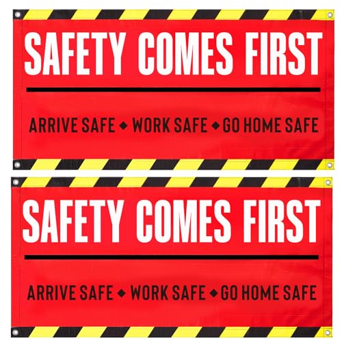 Peryiter 2pcs Safety First Banner Sign Construction Site Banner Business Vinyl with Grommets for Workplace Commercial Indoor and Outdoor Safety Month Decorations (4 x 2 ft)