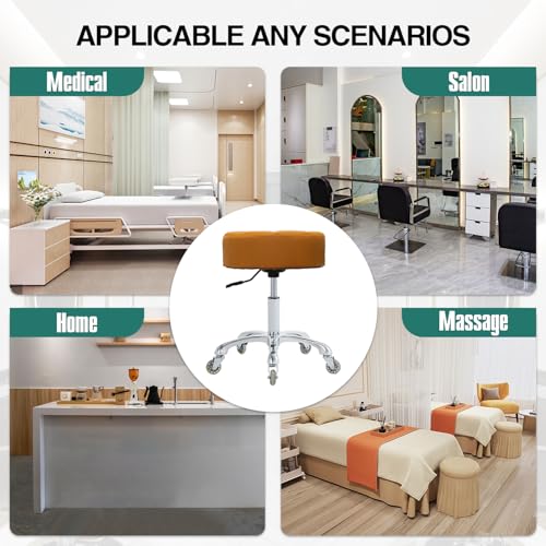 Image of Ainilaily Rolling Stool with Wheels Adjustable Height, Roller Stool for Massage Medical Tattoo Spa Heavy Duty Swivel Desk (Super Thick Cushion, Camel)