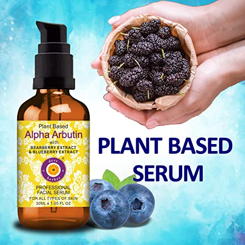 dève herbes Plant Based Alpha Arbutin Face Serum with Bearberry, Wheat, Mulberry, Blueberry & Pomegranate Extract for Personal Care 30ml (1 oz) with Free Pure Vitamin E Oil 10ml (0.33 oz)