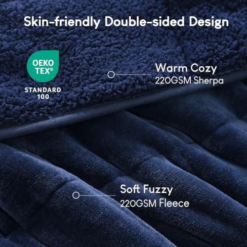 Image of Cottonblue Weighted Blanket 20lbs 60x80 Inches, Navy Blue Sherpa Blanket Throw Sofa Bedding Heavy Blanket for Adults, Soft Cozy Fleece Blanket On Queen Bed, Plush Fleece Minky 20 lb Weighted Blanket