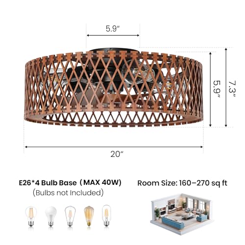 Image of 20 inch Farmhouse Flush Mount Ceiling Fan with Light, Low Profile Wooden Fandelier Ceiling Fan with Remote, 6 Speed Reversible Caged Ceiling Fans with Lights for Bedroom Kitchen Living Room