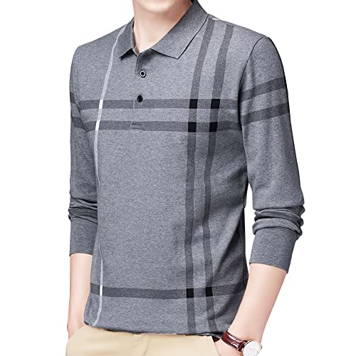 Mens Casual Striped Cotton Long Sleeve Collared T Shirt Polo Shirts2