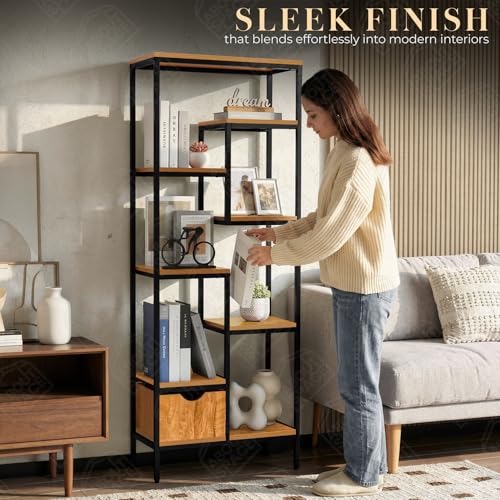 Image of ABOUT SPACE Book Shelf for Home - 7 Shelves,1 Bottom Drawer, Modern 19mm Metal Frame|Engineered Wood Book Rack for Study Room, Book Organizer Stand for Library, Bedroom (L 58 x B 30 x H 158cm -Teak)