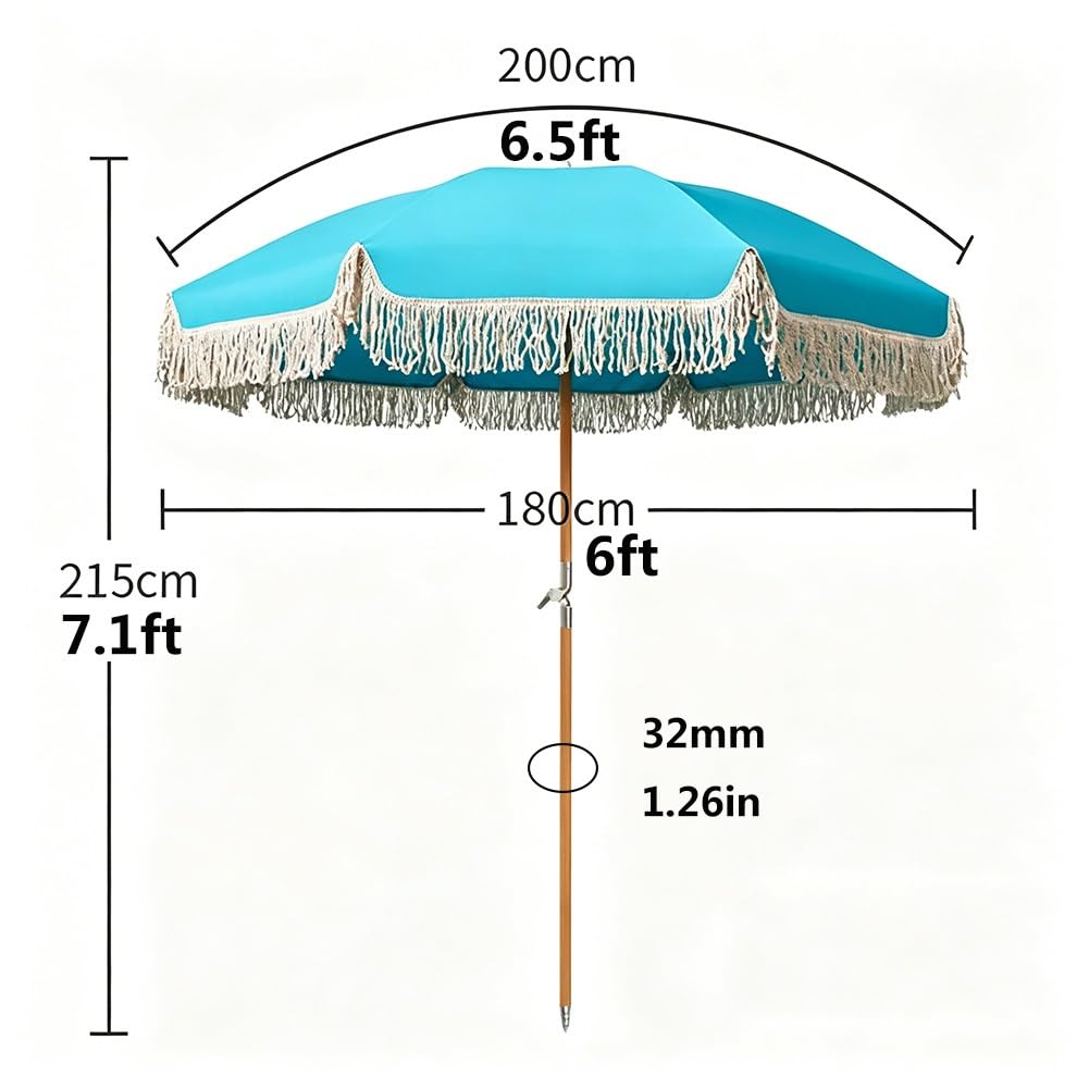 Parasol Ogrodowy w Boho z Frędzlami 200 cm, Przenośny Parasol Plażowy z Regulowanym Drewnianym Trzonkiem, 8 Żeberek z Włókna Szklanego