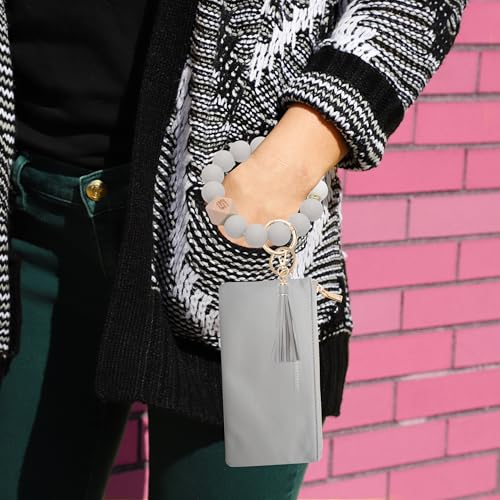 Image of COOLANS Silicone Bracelet Wristlet Wallet Credit Card Holder RFID ID Window Key Ring Tassel Slim Wallet Women Keychain Purse