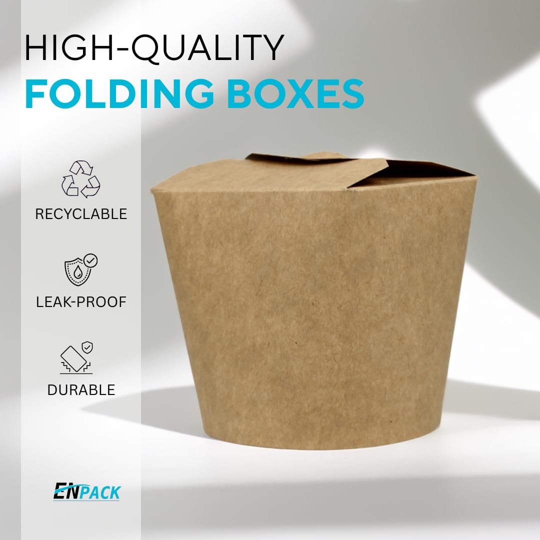 Enpack Nudelboxen 500ml (16oz) – 500 Stück aus Kraftpapier | Einweg To-Go Boxen mit Beschichtung | Auslaufsichere Take Away Verpackung für Asia Food, Streetfood, Gastronomie, Events