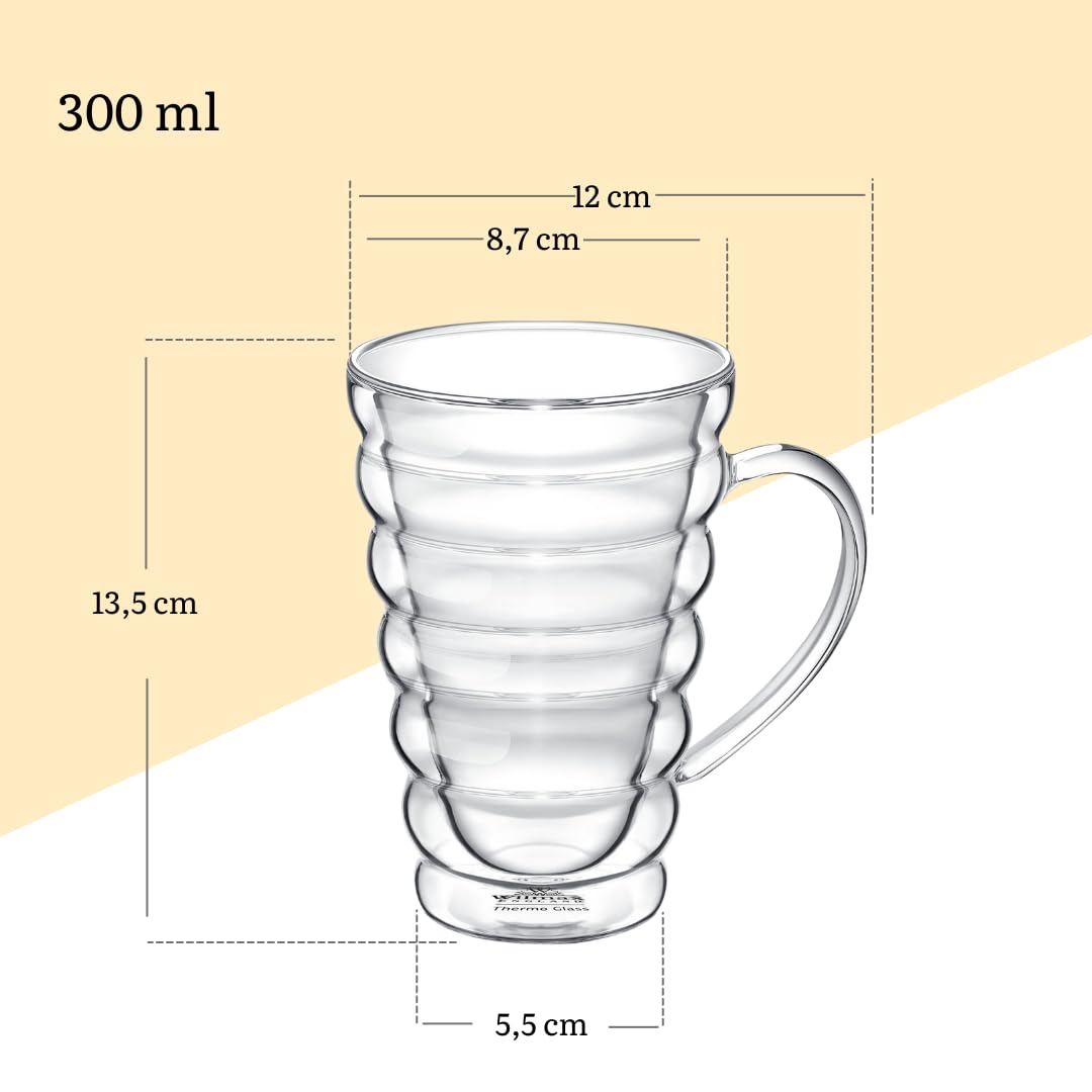 Wilmax - Thermogläser mit Henkel Bubble - 300 ml - 6er-Set - Doppelwandige Gläser für Wasser, Tee, Kaffee - Teegläser & Kaffeegläser - Becher für Heiß- und Kaltgetränke - Spülmaschinenfest