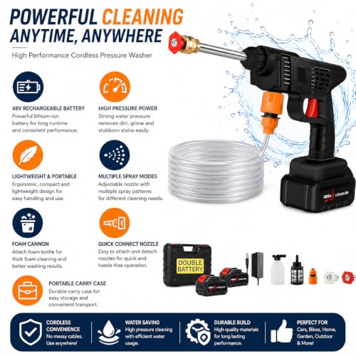 Image of Cordless Car Washer High Pressure Gun - Car Washing 48V Rechargeable Electric Pressure Washer Gun Bike, Car Washing Pump, Portable Car Washer