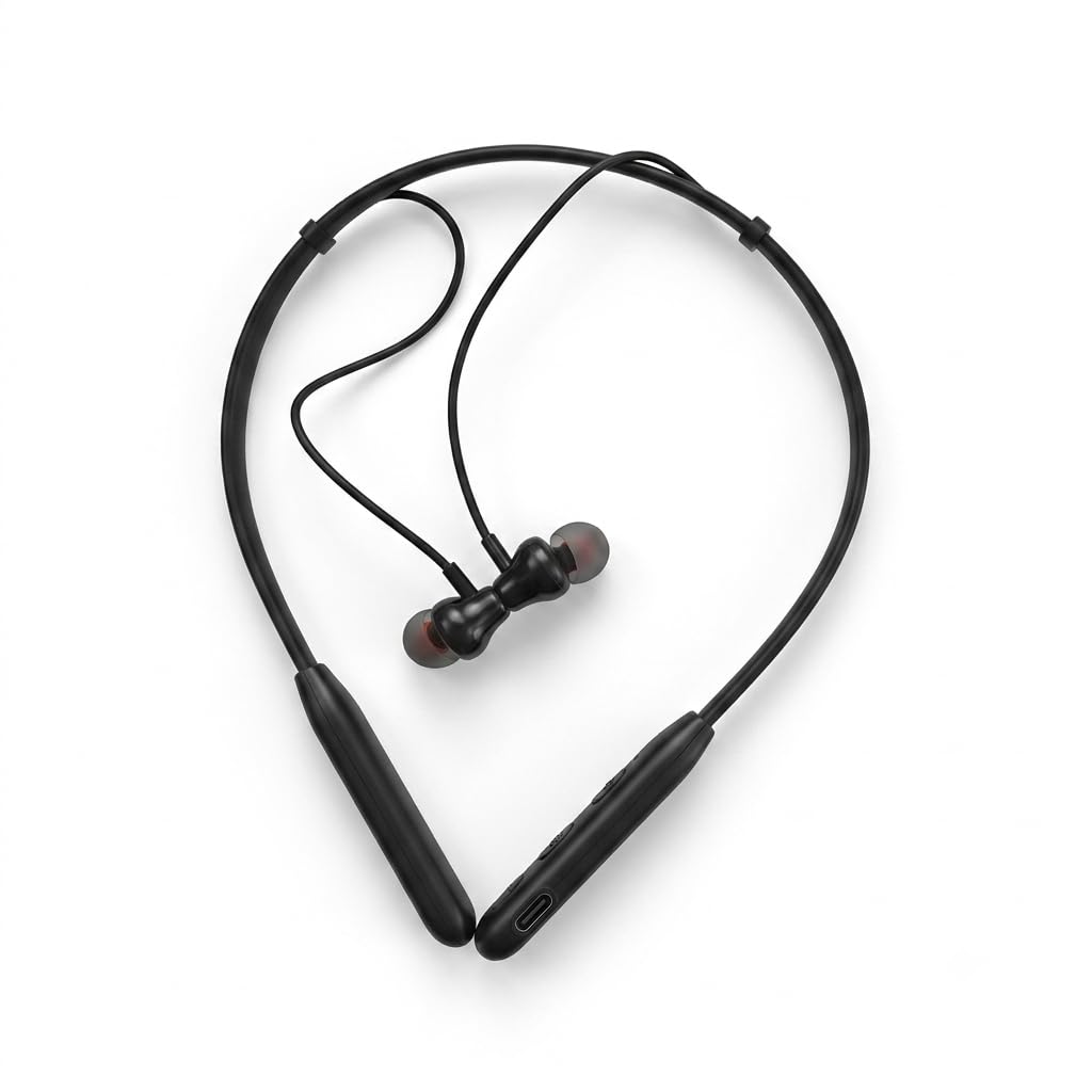 wireless bluetooth neckband earphones with deep bass & magnetic earbuds | fast usb-c charging, 300hr standby battery, in-line controls, flexible rear strap, made in india