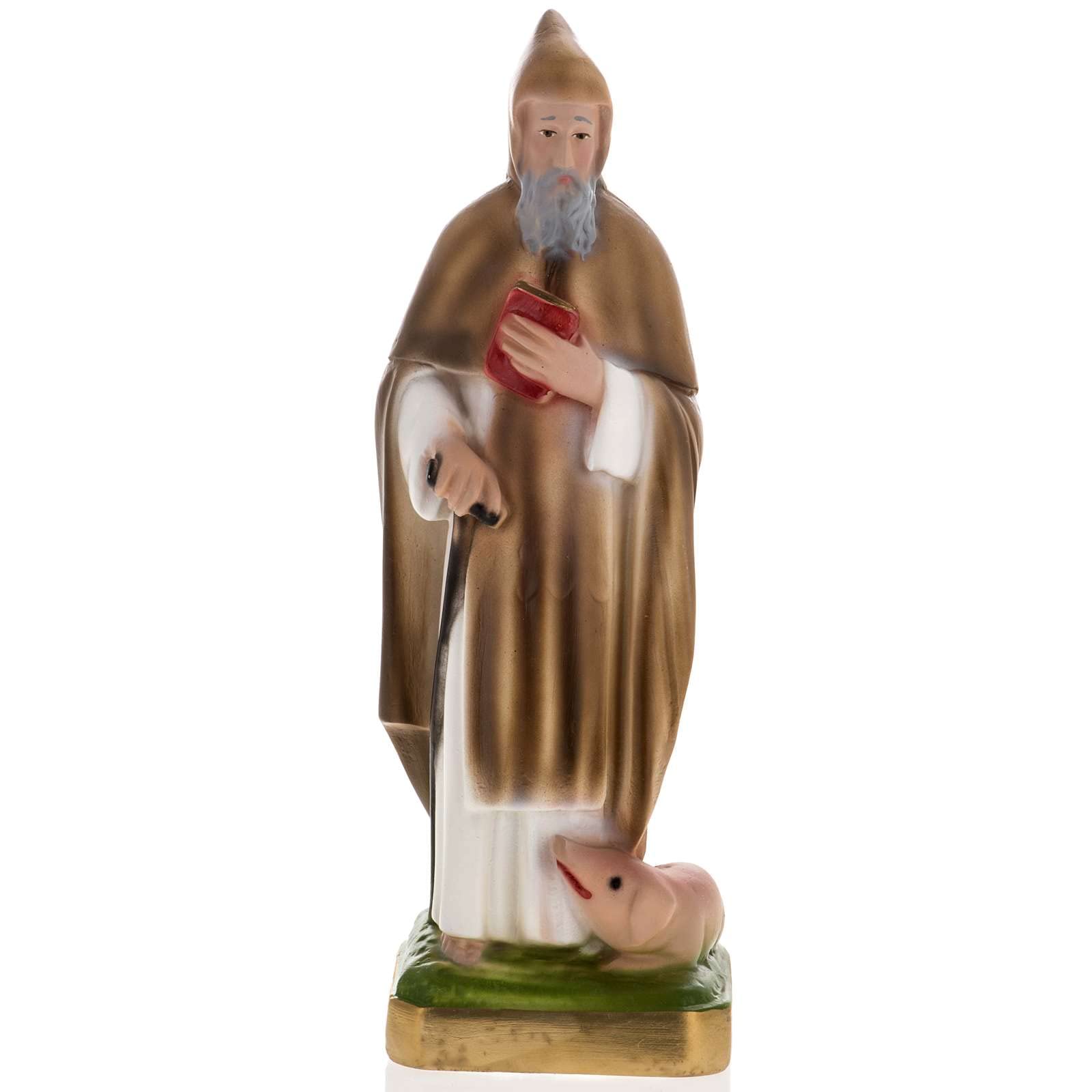 Statua Sant'Antonio Abate In Gesso Dipinto A Mano 33 Cm – Madreperlato, Piedistallo Oro E Verde, Idea Regalo Per Devoti E Decorazione D'Interni