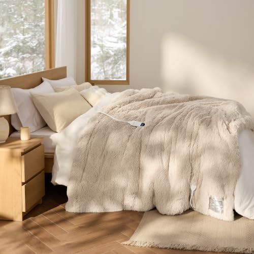 Image of Bedsure Faux Fur Heated Blanket Twin, Long-Pile Electric Blanket, Beige