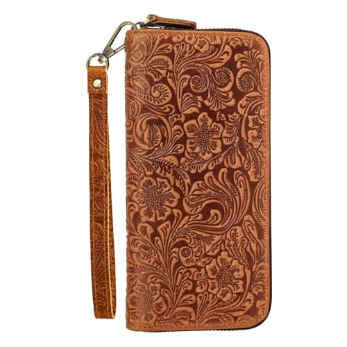 GUZUHUKU Vintage Embossed Zipper Wallet, Womens Wallets Large Capacity Detachable Wrist Strap Clutch Purses Perfect for Travel and Dating