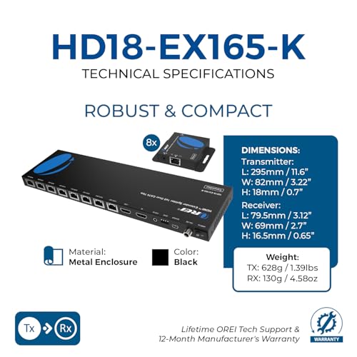Image of OREI 4K 1x8 HDMI Extender Splitter Multiple Over CAT 6 /7 Cable with EDID management - 4K@30Hz upto 165ft and 1080p@60Hz upto 230ft- Loop Out