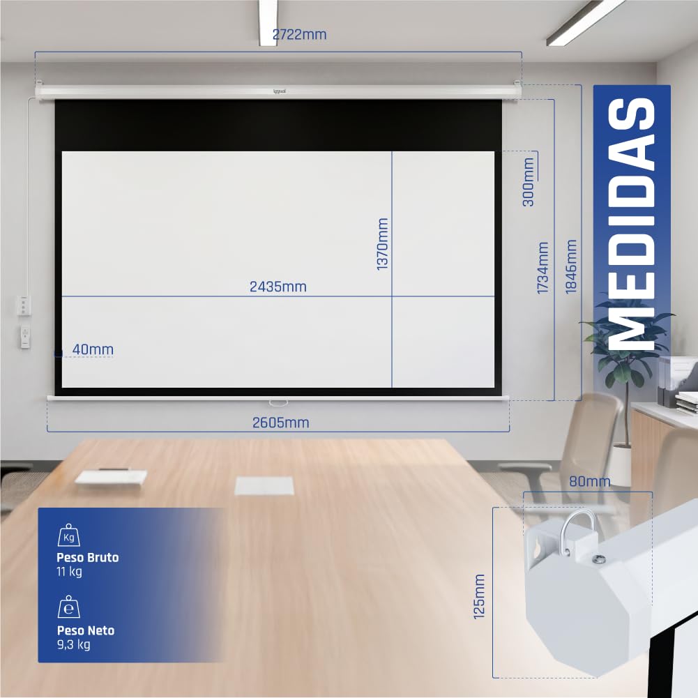 Iggual Pantalla Proyección 110" Pulgadas Eléctrica Enrollable -Panorámica 16:9 -Caída Ajustable -Mando Distancia e Interruptor Aux- Apto Pared/Techo -Compatible 4k y Cualquier Proyector (243x137 cm)