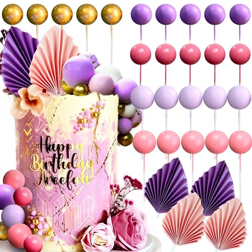 JeVenis 27PCS Purple Pink Cake Decorations Purple Pink Palm Leaves Cake Decoration Balls Cake Decoration for Wedding Baby Shower Birthday