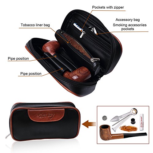 Free Boy Tobacco Smoking Pipe Set, Handmade Wooden Smoking Pipe with Leather Tobacco Pouch, and Smoking Accessories - Thumbnail 2