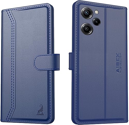 Image of AIBEX Poco X5 Pro 5G Flip Cover Leather Finish | Inside TPU with Card Pockets | Wallet Stand | Complete Protection Flip Case Blue