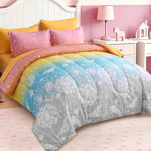 Image of Dinjoy Girls Comforter Set 5 Pieces, Twin Size Colorful Ombre Rainbow Bedding Set, Bed in A Bag for Kid Teen Girls (1 Comforter, 1 Flat Sheet, 1 Fitted Sheet, 1 Pillow Shams, 1 Pillowcases)