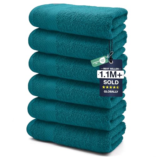 DAN RIVER 6-Pack Premium Hand Towels (16x28 Inches) - 100% Cotton Ultra Soft Lightweight Highly Absorbent Towels for Bathroom Spa Gym Salon Hotel and Travel - Teal