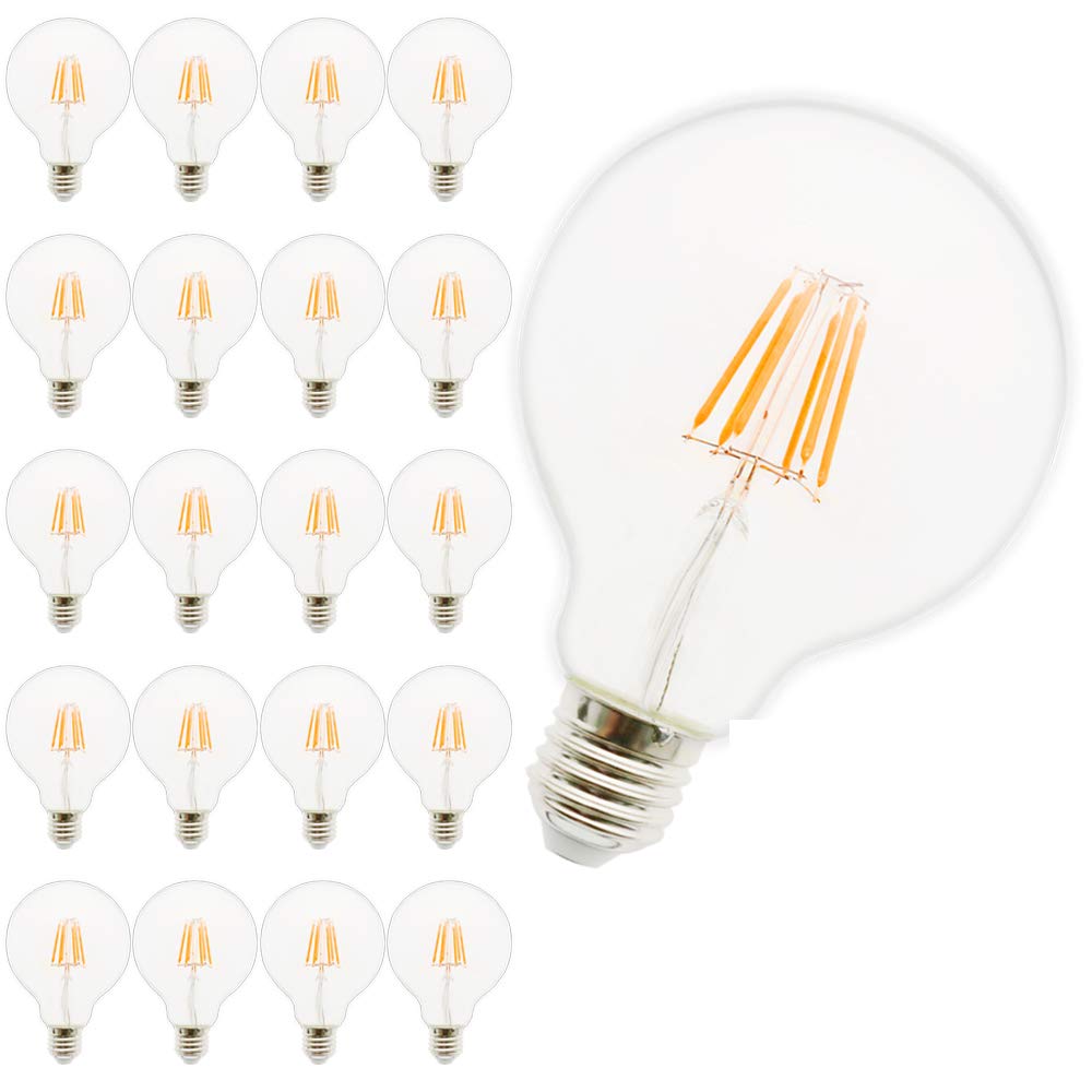 G95 6 W bombilla LED Equivalente a 45 W, E27, Blanco cálido (2200 K), 500 lúmenes, Globe Bulb, intensidad regulable, paquete con 20 unidades)