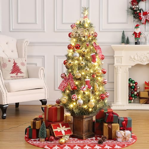 GAOMON 4.5ft Christmas Tree 2 Set with 100 Warm White Led Lights, Pre-Lit Snow Flocked Christmas Tree with Vintage Potted Base, Holiday Xmas Tree with Red Berries, Decoration for Home, Entrances