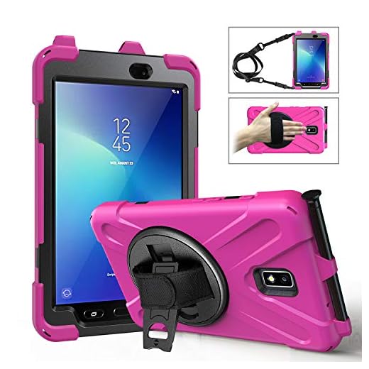 Capa para Samsung Galaxy Tab Active 2 8.0 T390 T395 T397, grau militar, 4,5 m, testada, à prova de choque, capa protetora com suporte giratório de 360° - alça de mão/ombro e suporte para lápis (rosa vermelha)