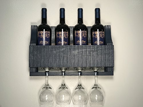 Empire USA - Barnwood Wall Mount Wine Rack Holds 4 Wines and 4 Long Stem Glass Rustic Reclaimed Wood (Oceanside Blue)