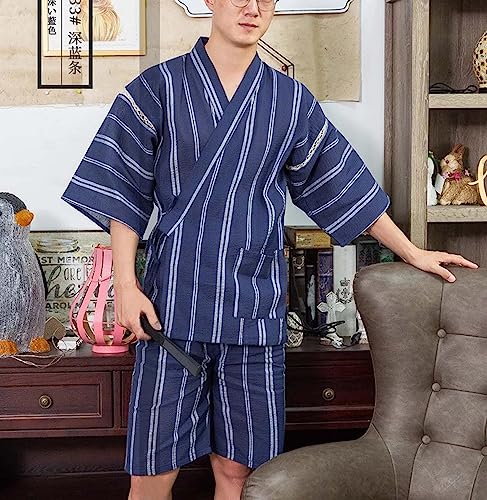 ZEALMAX Men's Kimono Japanese Jinbei Shirt and Pant Cotton Linen Loungewear Lounge Set Spa Bathrobe, Style 3 Multicolor2