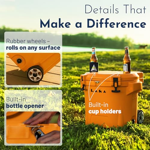 Image of Laka Cooler with Wheels - 30QT Rotomolded Insulated Rolling Hard Cooler, Telescoping Handle, Holds 24 Cans + Ice, Up to 7 Days Cold, Drain Plug, Cup Holders + Bottle Opener, Beach /Camping /Boat