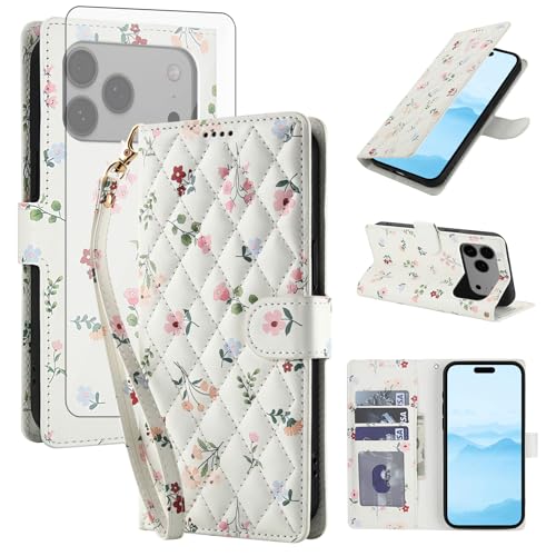 Coque iPhone 17 Pro avec protège-écran verre trempé et portefeuille à rabat motif fleurs