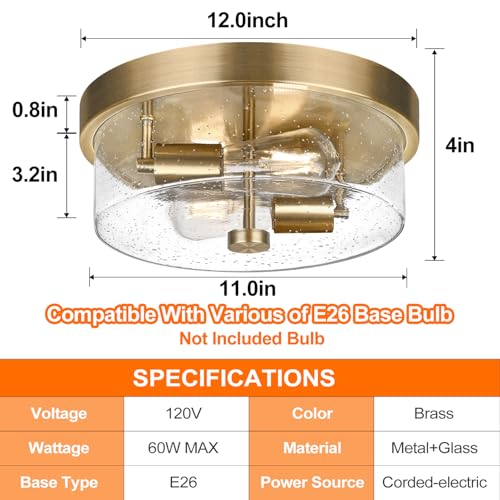 Szzgco Flush Mount Ceiling Light Fixtures, 2-Light Brass Ceiling Mount For Farmhouse With Seeded Glass Lampshade thumb #6