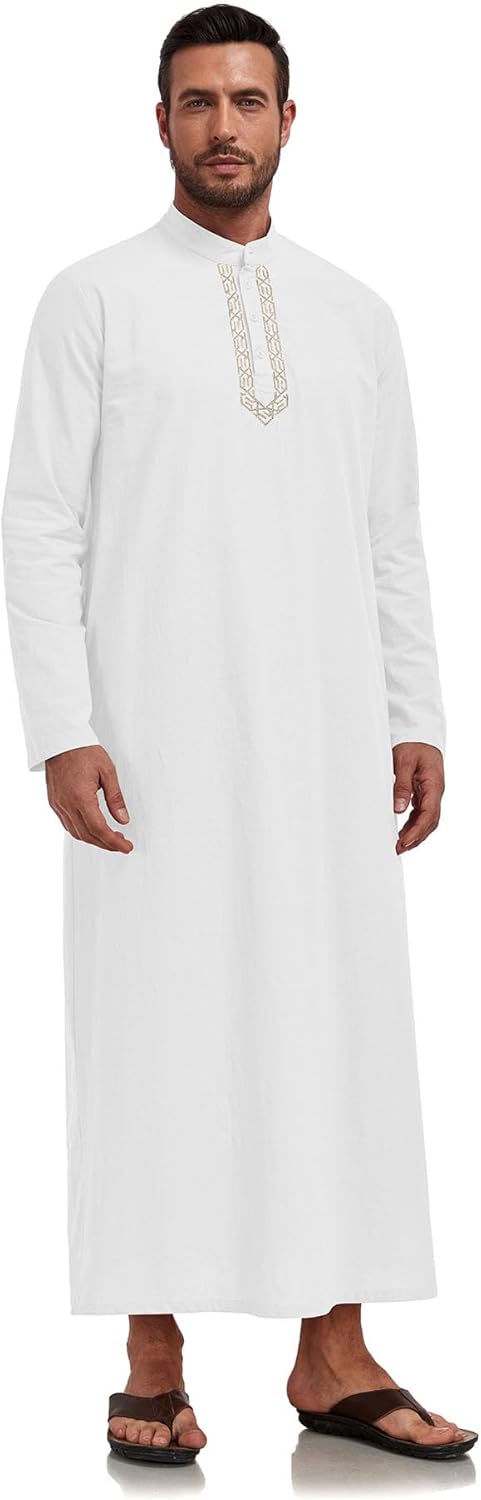 Jacansi Mens Button Down Robe Kaftan Thobe Casual Long Sleeve Cotton Linen Muslim Gown Thobes M-3XL - Image 3