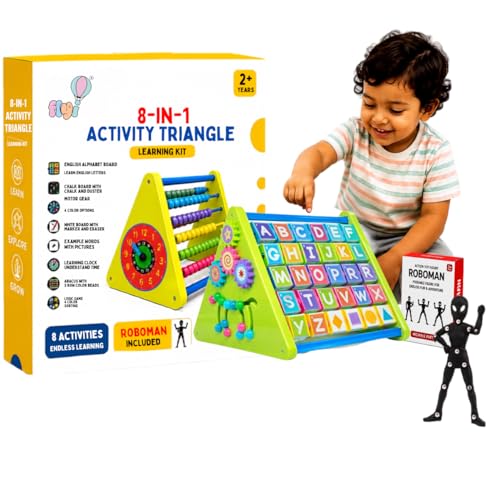 Image of FLYI 8-in-1 Activity Triangle for Kids(2+ Years) Abacus, ABCD Alphabet Board, Slate Chalk & Whiteboard, Learning Clock, Gear & Logic Game | BIS Certified Montessori Educational Toy Gift for Toddlers