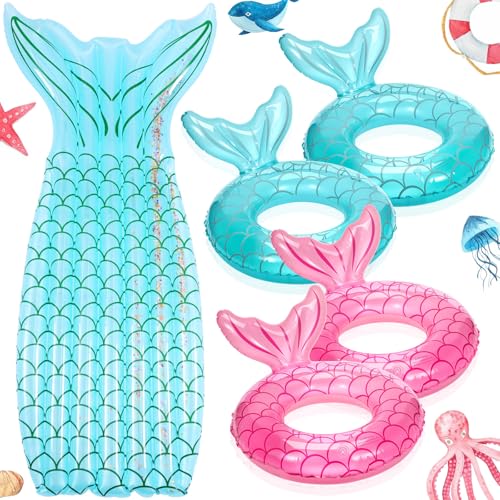 Vertintong 5 Pack Pool Floats Include 4 Pcs Mermaid Inflatable Pool Float Tube 1 Pcs Floatie Raft Mermaid Tail Swim Ring for Beach Water Toys(Teal)