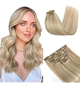 Elailite Clip in Hair Extensions Real Human Hair, Light Blonde Highlighted Golden Blonde, Soft Na...