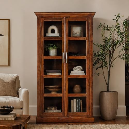 Image of The Attic Havenwood Wooden Bookshelf and Crockery Cabinet with Glass Door | Wooden Book Rack for Home Library, Study Room | Bookshelf Crockery Unit for Home & Kitchen Living Room | Honey Finish