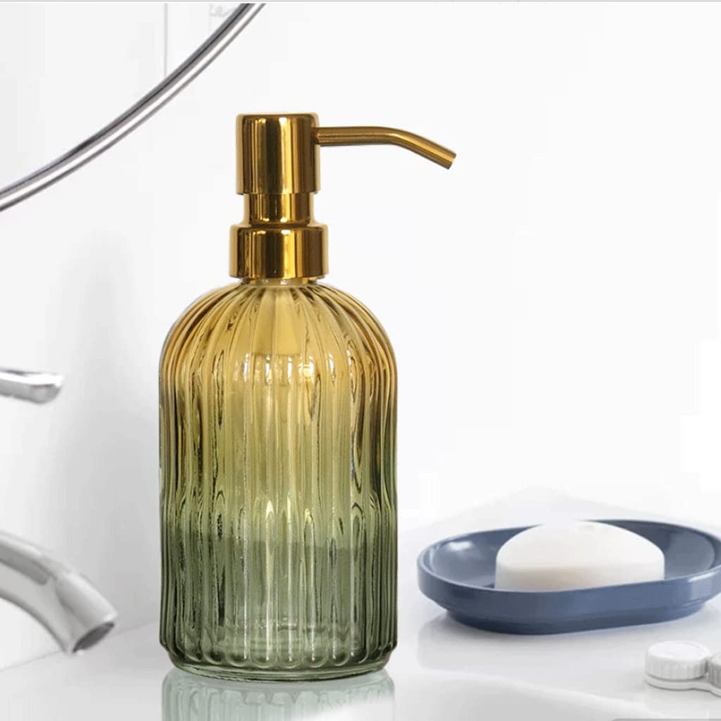 Moderno dispenser di sapone in vetro a righe con pompa in acciaio inossidabile per B e cucina bottiglia ricaricabile a pompa per lozione in colore giallo verde sfumato
