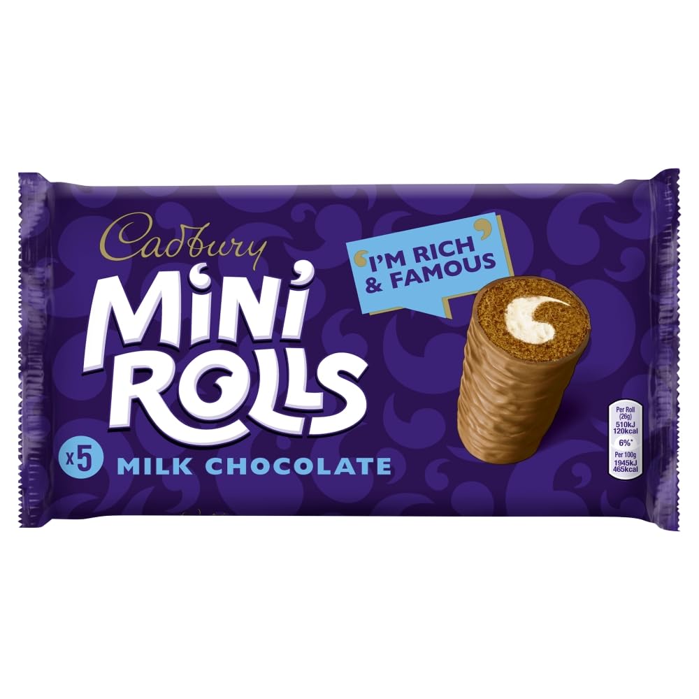 Cadbury Mini Rolls, Milk Chocolate Sponge Cakes With Vanilla Cream Centre, 5 Individually Wrapped Treats – Perfect For Snacking On-the-Go (Pack of 1)