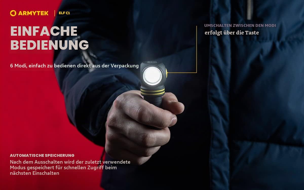 Armytek NEU, Stirnlampe Elf C1 v2 Kaltweiß 1000 Lumen LED-Lampe Micro USB Aufladbarer, Qualitativ Hochwertiger