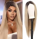 Youthfee 28" Long Kinky Straight Wigs for Black Women Yaki Straight Hair Wigs Black Ombre Golden Blo