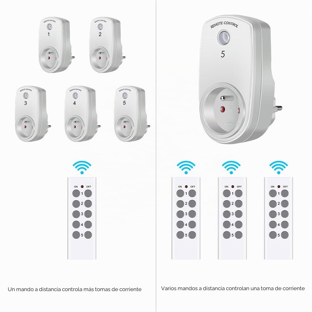 DEWIN Toma de Corriente, 5 Piezas Interruptor de Toma de Pared de Control Inalámbrico Inteligente Toma de Corriente Enchufe de La UE con 2 Control Remoto