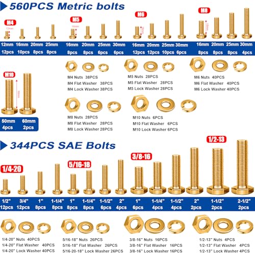 Image of Taiss 904pcs Grade 8.8 Metric Bolt Assortment & SAE Nuts and Bolts Assortment Kit,M4 M5 M6 M8 M10 1 /4-20,5 /16-18,3 /8-16 1 /2-13(12-60mm) Heavy Duty Hex Bolt Washer Yellow Zinc Plated,with Handheld Box