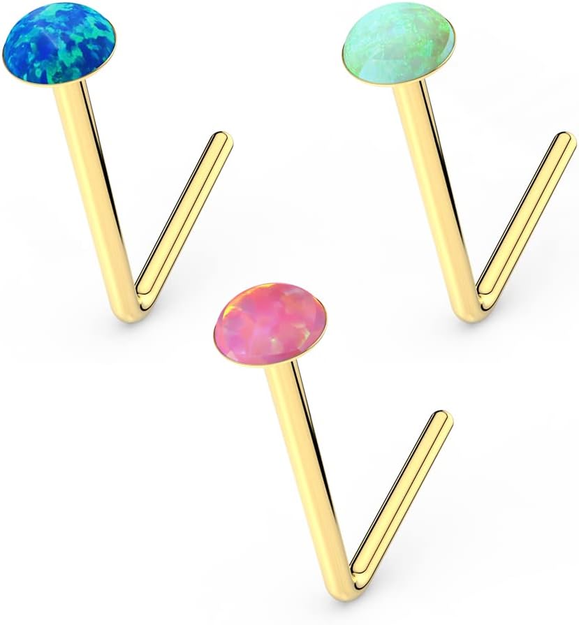 3 Pieces Box set of 9 Karat Solid Yellow Gold Bezel Set 2MM Opal Stone 22 Gauge L Shape Nose Stud