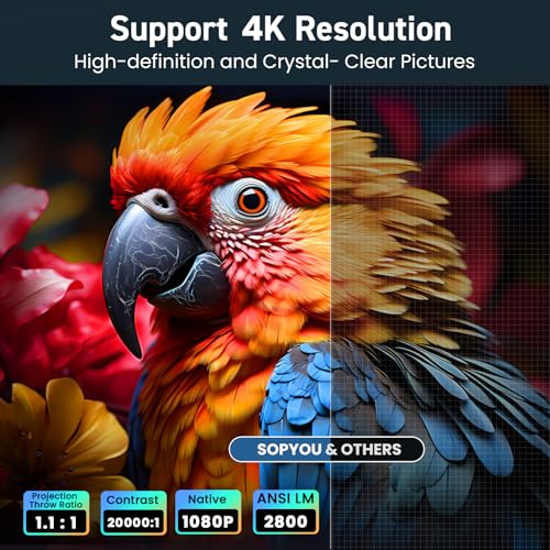 SOPYPOU Smart Projector with WiFi and Bluetooth, Netflix Included, 1080P & 4K Support, Short Throw 1.1:1 for Bedroom, Dorm & Apartment, Dolby Audio, E-Focus, Pre-installed YouTube, Prime Video Apps — view 4