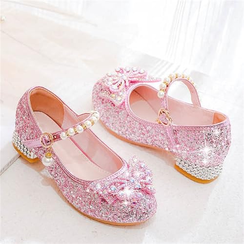 Girls High Heels Glitter Mary Jane Shoes with Pearl Bow | Glitter upper pearl strap and rhinestone bow create a playful dress shoe for celebrations and photos Pink Size 1 - image 2