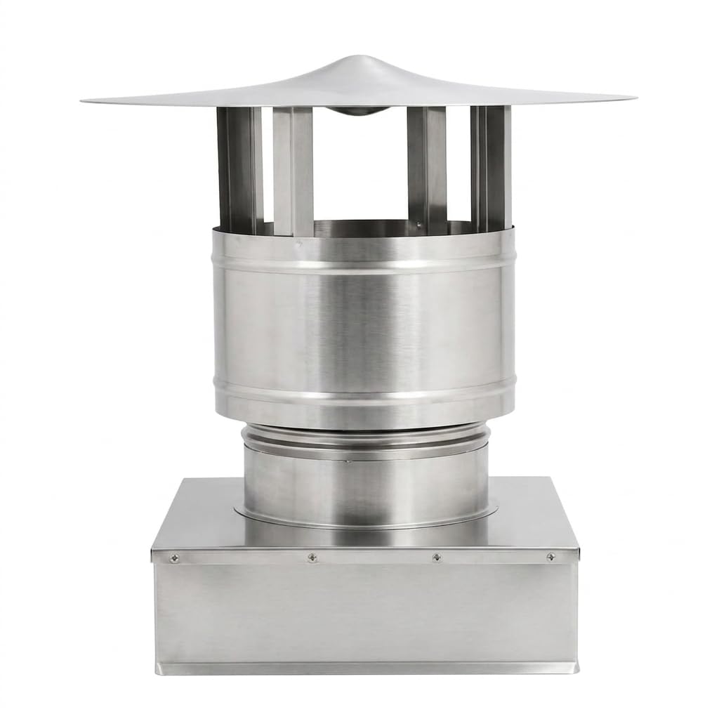 MAKA Comignolo Antivento Base Quadra, Terminale per Canna Fumaria Camino Stufa a Legna Pellet e Gas, Cappello Antipioggia Aspirafumo Base Quadra (220x220 mm - Inox)