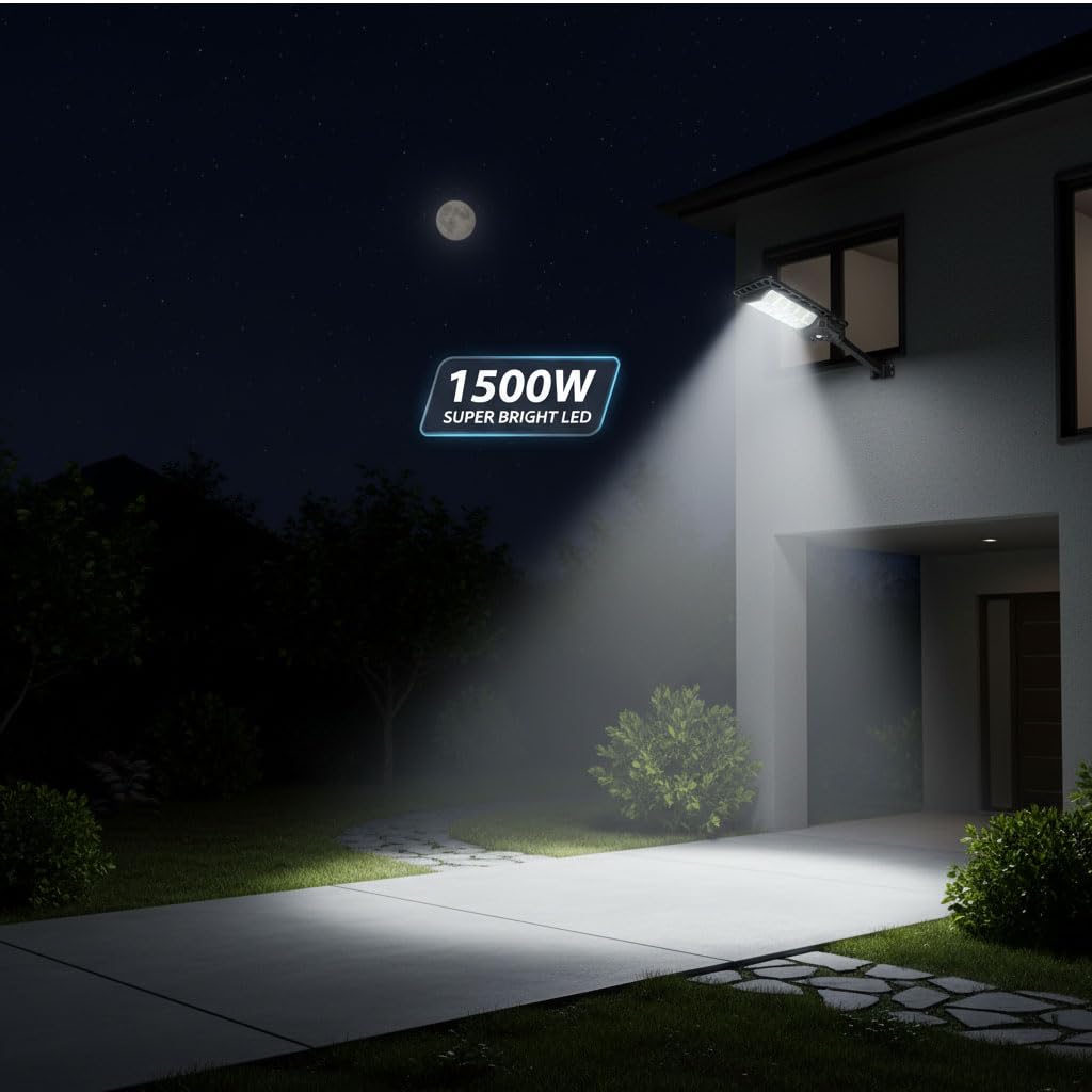 Lampione Solare 1500W 240 LED da Esterno con Sensore Movimento e Crepuscolare, IP65 Impermeabile, Pannello Monocristallino, Batteria Litio 12h, Luce Solare per Giardino, Cortile, Strada