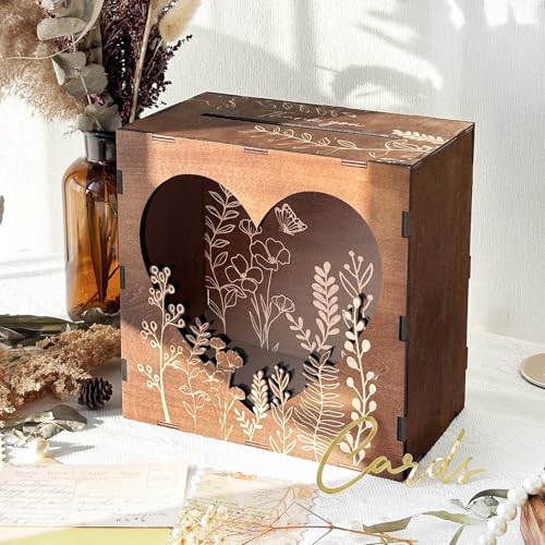 OurWarm Brown Wedding Card Box for Reception with Heart Acrylic Window, Wooden Gift Card Box for Wedding with Flower Pattern, Vintage Card Box for Graduation Birthday Party Anniversary Baby Shower