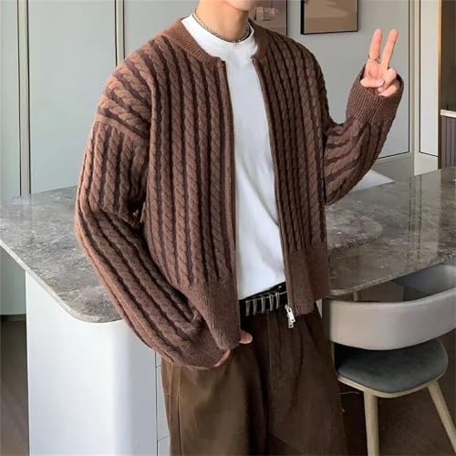 Men's Twist Crochet Knit Cardigan Sweater Fall Winter Casual Zip Up Front Crew Neck Slim Fit Outerwear3