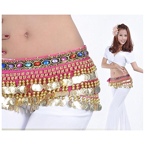Image of VRITRAZ Women's Chiffon Belly Dance Hip Scarf Waistband Belt Skirt Mixed Colors Beads and Golded Coins 56 Black